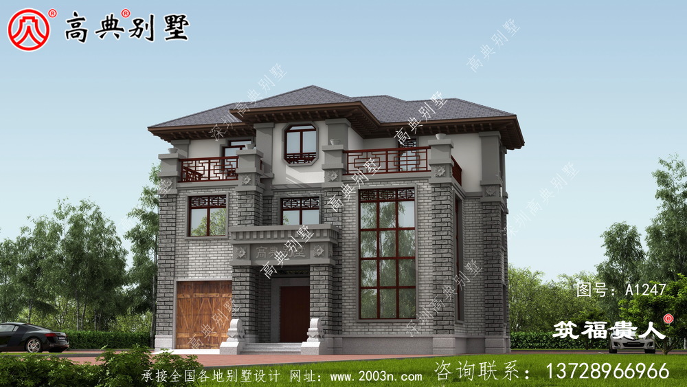 灰白色新中式新款農(nóng)村建別墅圖紙