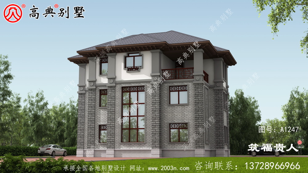 灰白色新中式新款農(nóng)村建別墅圖紙