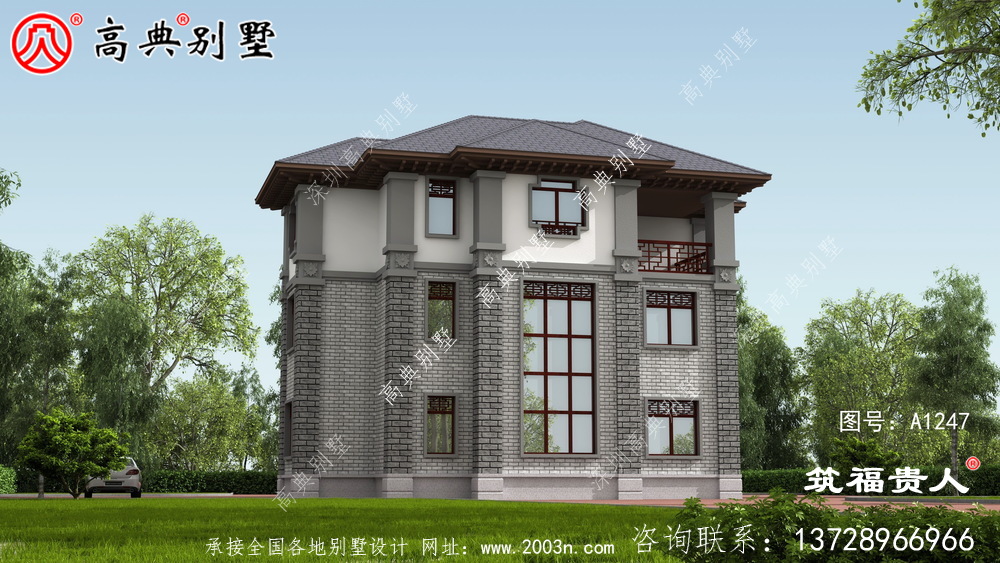 灰白色新中式新款農(nóng)村建別墅圖紙
